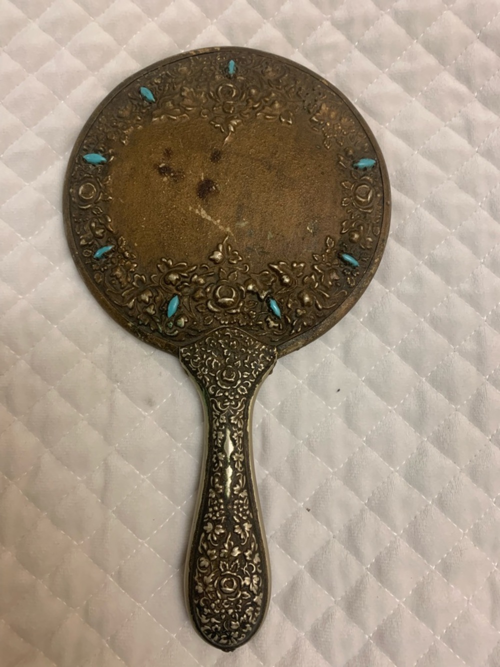 Antique Ornate Vanity Hand-Held Mirror W/ Turquoise Accent, Marked G. Silver